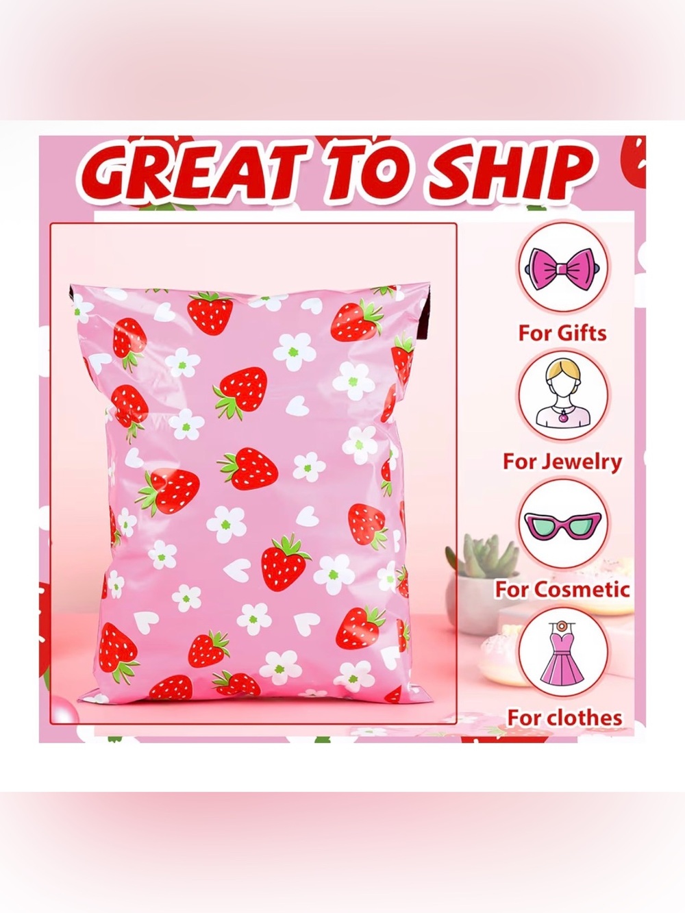 10x13 Pink Strawberry Poly Mailers Fifteen Pack - Picture 4 of 5